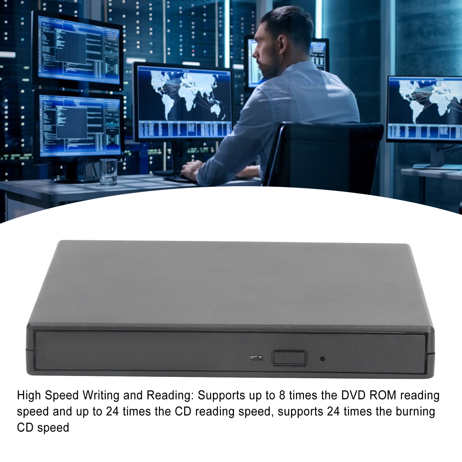 Unidad de CD DVD Externa, Escritura y Lectura de Alta Velocidad, Puerto USB Alimentado, Botón de Expulsión Equipado, Reproductor de CD DVD Delgado Portátil Compatible para Win para OS para Linux