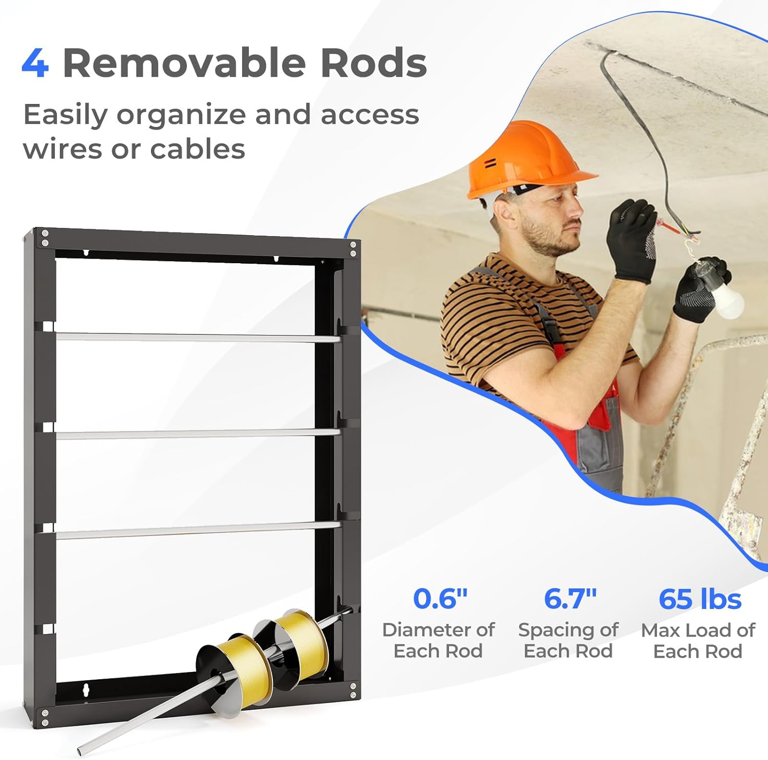 Goplus Wire Spool Rack, Wall Mounted Ribbon Holder Organizer Rack with 4 Rods, Cable Wire Dispenser for Electrical Industrial and Garage, 65LBS Capacity Each Rod