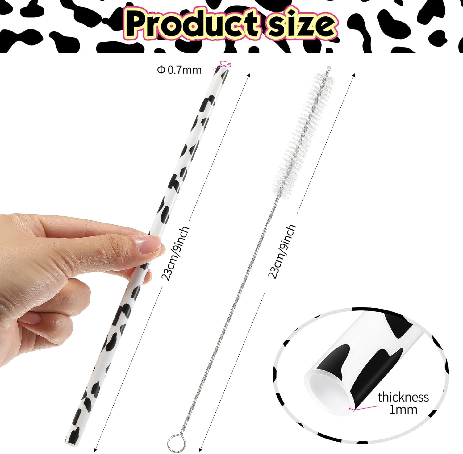 Suclain 26 Pcs Cow Print Plastic Straws Reusable Plastic Farm Cow Party Favor Supplies Black and White Tumbler Animal Straws Bulk with 2 Cleaning Brush for Birthday Baby Shower Juice Decoration