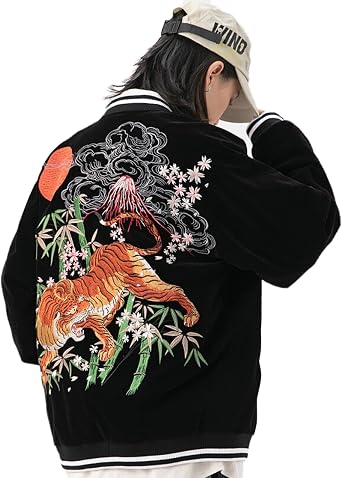 Mens Japanese Tiger Sukajan Jacket Winter Cool Fierce Beast Embroidered Jackets For Men Black Windbreaker Mens