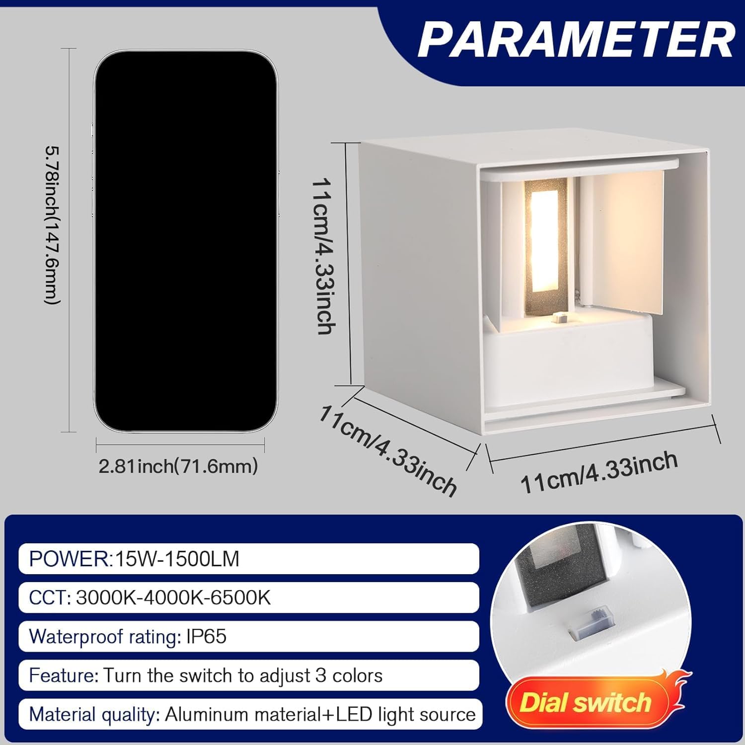 Modern Outdoor Wall Lights, ETL Listed 15W Square LED Exterior Wall Sconce, 3 Color Temperature Selectable, Adjustable Up and Down Lighting Fixtures, IP65 Waterproof Aluminum Porch Light