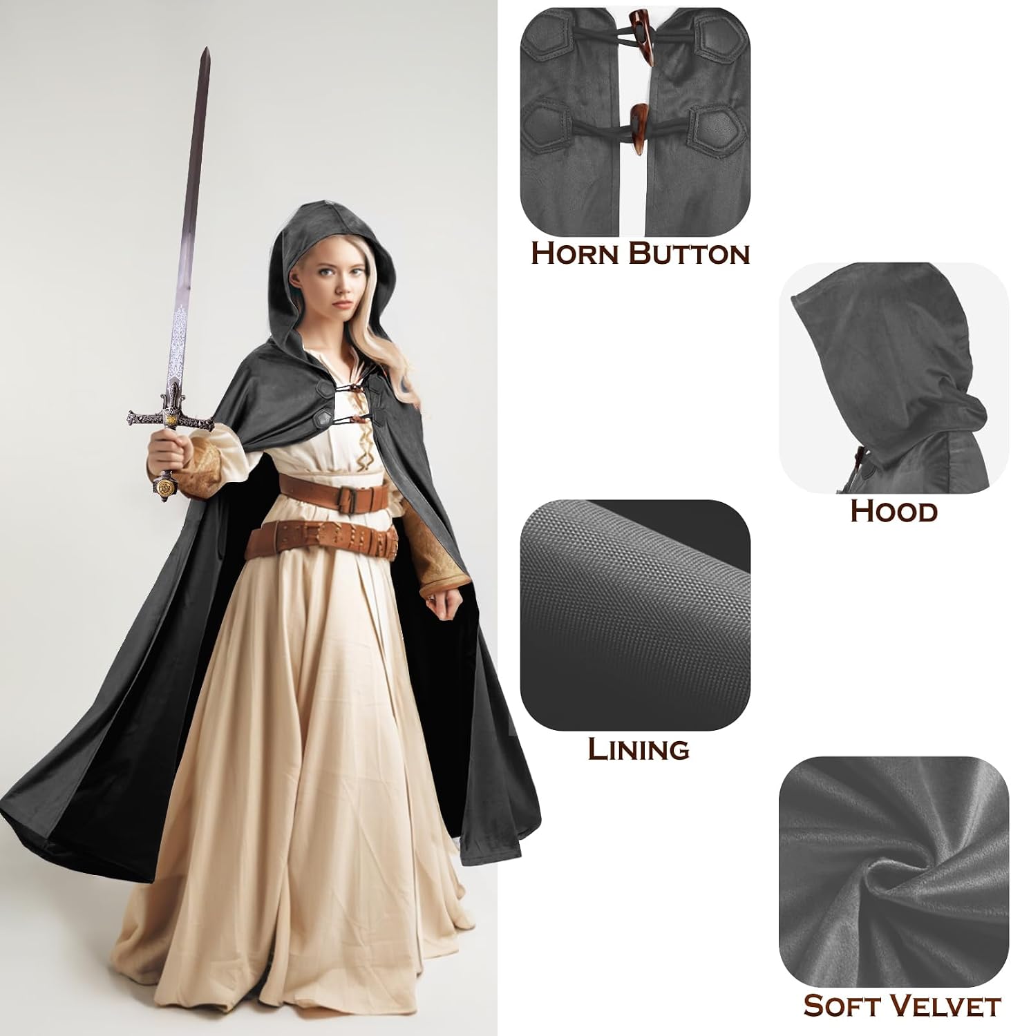 Velvet Renaissance Hooded Cloak with Lining & Horn Button, Medieval Viking Cape Robe for Men Women Halloween Costume
