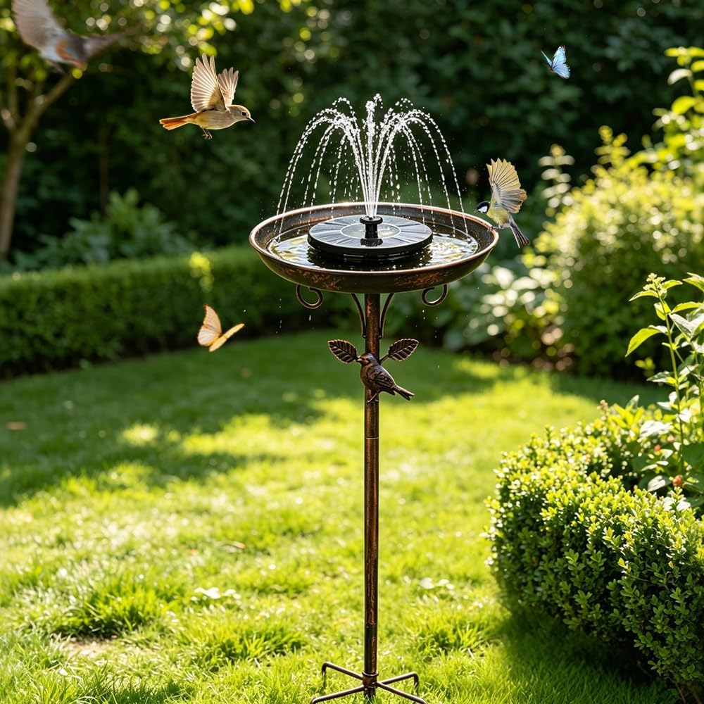 Heavy-duty Metal Single tier Bird Bath, Featuring A Solar-powered Fountain, A Sturdy Five-legged Base And A Multi-functional Bird Feeder; Perfect For Outdoor Garden Decoration And An Ideal Choice For Bird Lovers