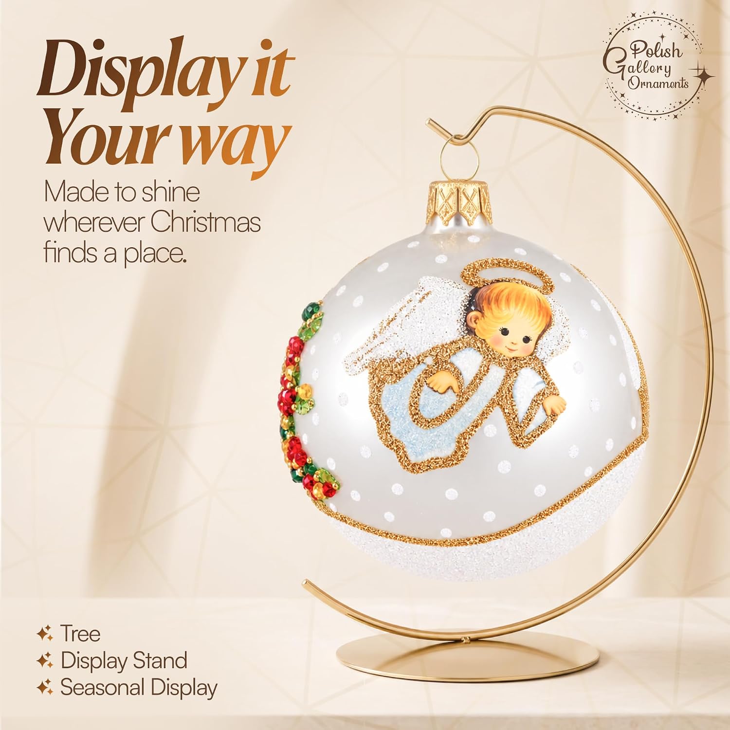 Angel with House and Holiday Tree Christmas Ornament Blown Glass Ball 3-inch (White Silver)