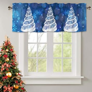 JOOCAR Blue Snowflake Christmas Tree Curtain Kitchen Valances for Windows Blackout Window Curtains for Kitchen Living Dining Room Winter Festival Valances for Windows 54" W x 18" L