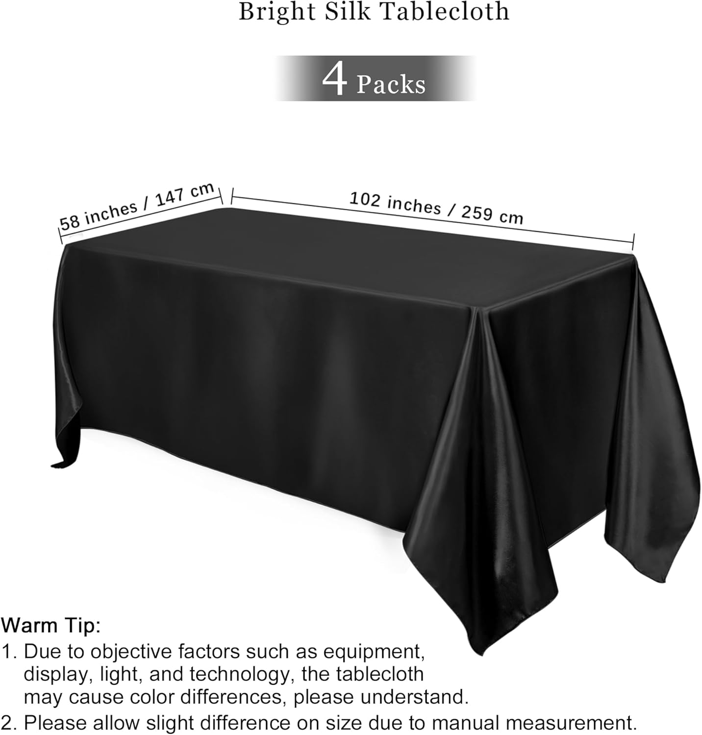 TURSTIN 4 Packs Black Satin Tablecloth 102 x 58 Inch Overlay Satin Table Cover Rectangle Bright Silk Tablecloth Smooth Fabric Table Decoration for Wedding Banquet Party Events Black 4