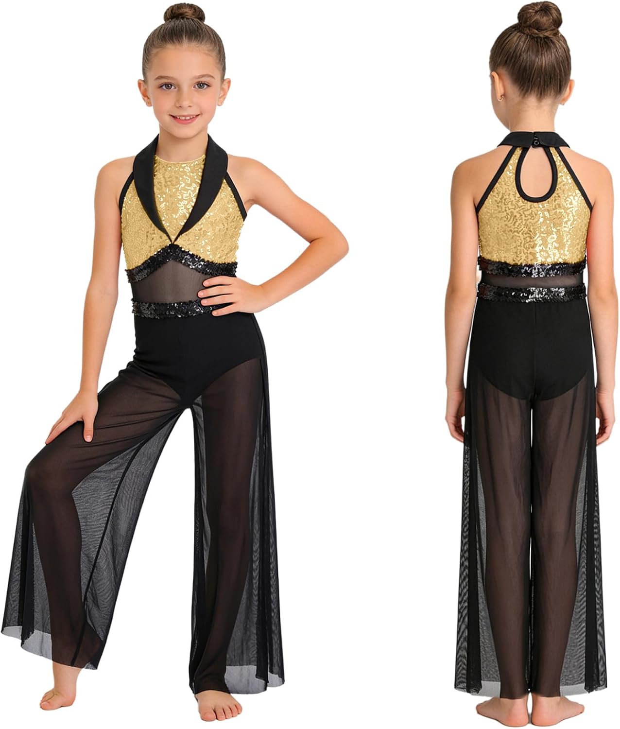 DINORMIN Girls Sparkly Jazz Dance Jumpsuit Gymnastics Leotard Cha-cha Dance Costume for Stage Performance