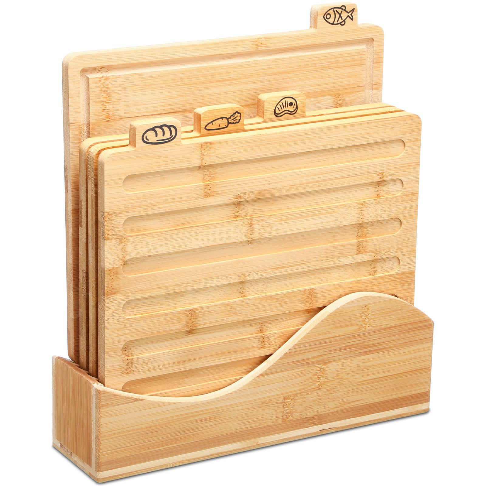 Jingmore Set di 4 taglieri in bambù con etichetta con icone alimentari, con supporto e scanalatura per succo, per cucina, carne, pesce, pane, verdure, frutta