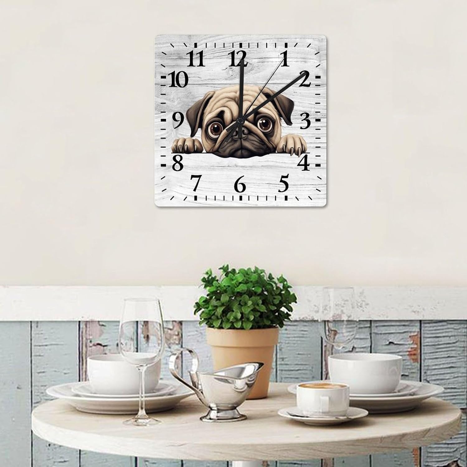 Pug Square Wall Clock Peeking Dog Clock Large Wall Clocks Battery Operated 15 Inch Non-Ticking Modern Home Decor for Kitchen Living Room Bedroom