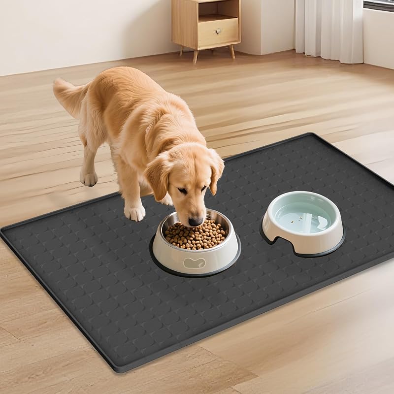 Tapete de silicone para comedouros de cães e gatos Hugro Tarfive, borda elevada, Black, 86,11 x 55,63 cm, 1 unidade