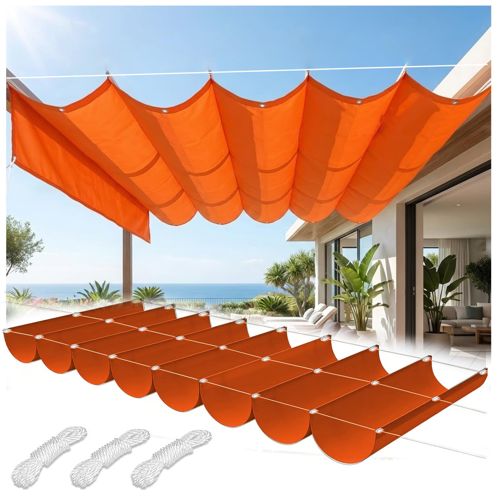 Imperméable voile d'ombrage rétractable ondulée orange contre la pluie et le soleil 0.7x3.5m
