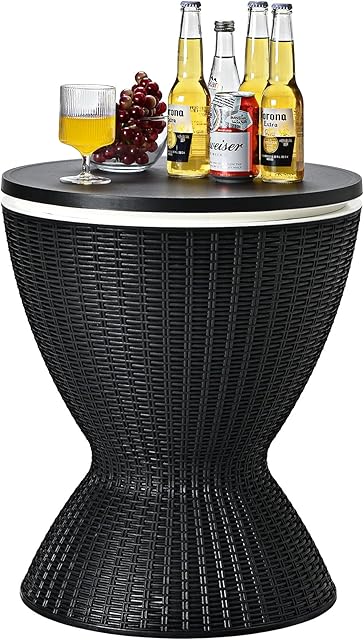 CASART 30L Rattan Effect Ice Bucket, Height Adjustable Bar Beer Cooler Table, Outdoor Coffee Cocktail Table Round Stool for Garden, Patio, Party, Deck and Pool (Black)