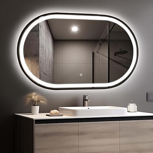 Niccy Espejo de baño ovalado LED de 24 x 40 pulgadas, 3 colores regulables, espejo de tocador iluminado con marco negro para montaje en pared,