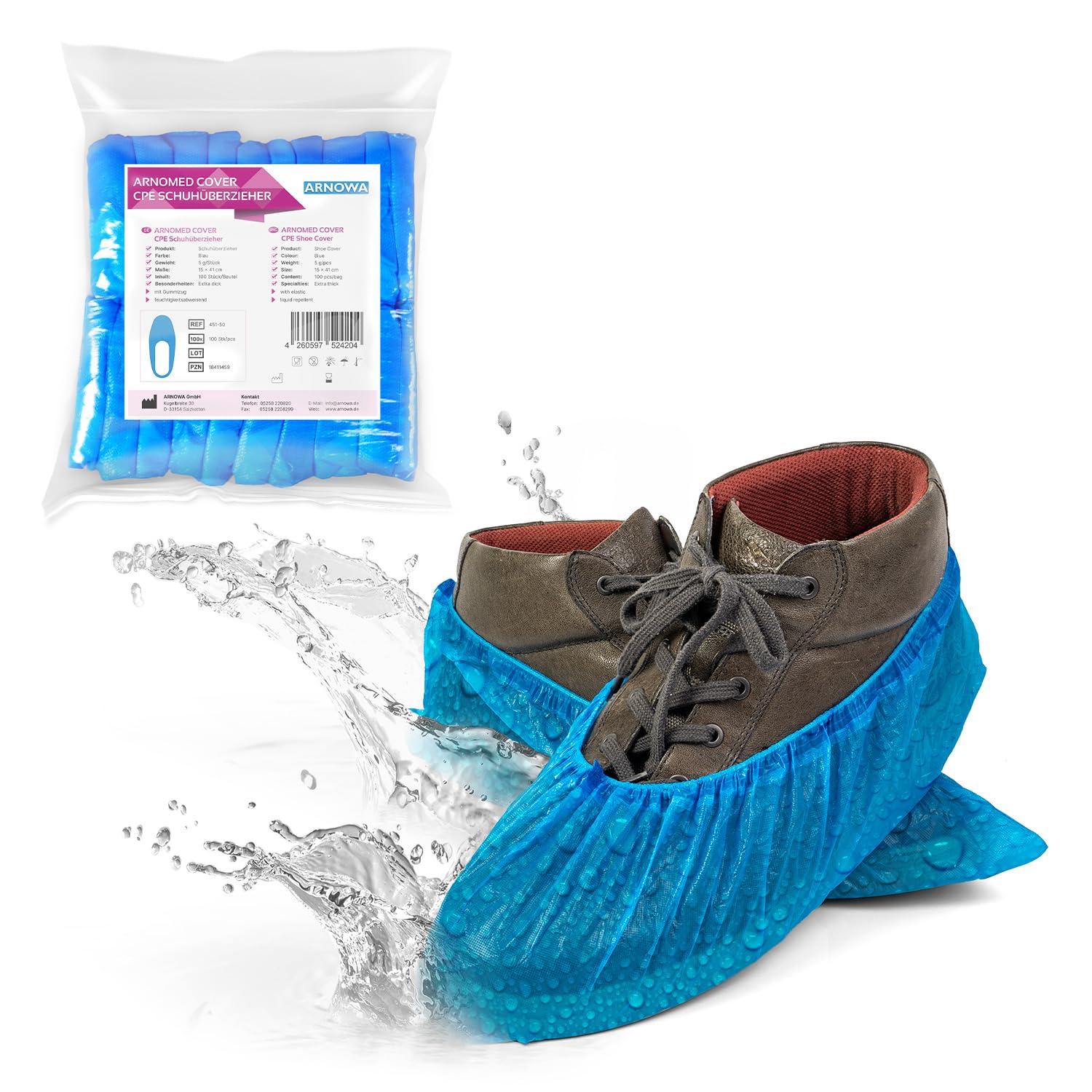 ARNOMED 100x Schuhüberzieher Einweg [WASSERDICHT], Galoschen, Schuh Überzieher Einweg, Starke Überschuhe Latexfrei, Einheitsgröße Wasser, und Staubdicht, 5g Extra Starkem CPE Material