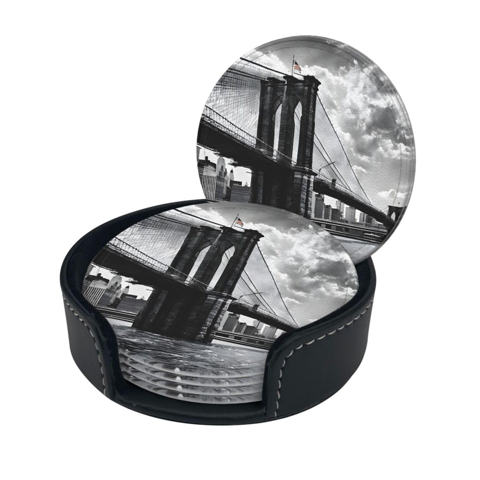 Brooklyn Bridge Print Coaster,Round Leather Coasters with Storage Box for Wine Mugs,Cold Drinks and Cups Tabletop Protection (6 Piece)
