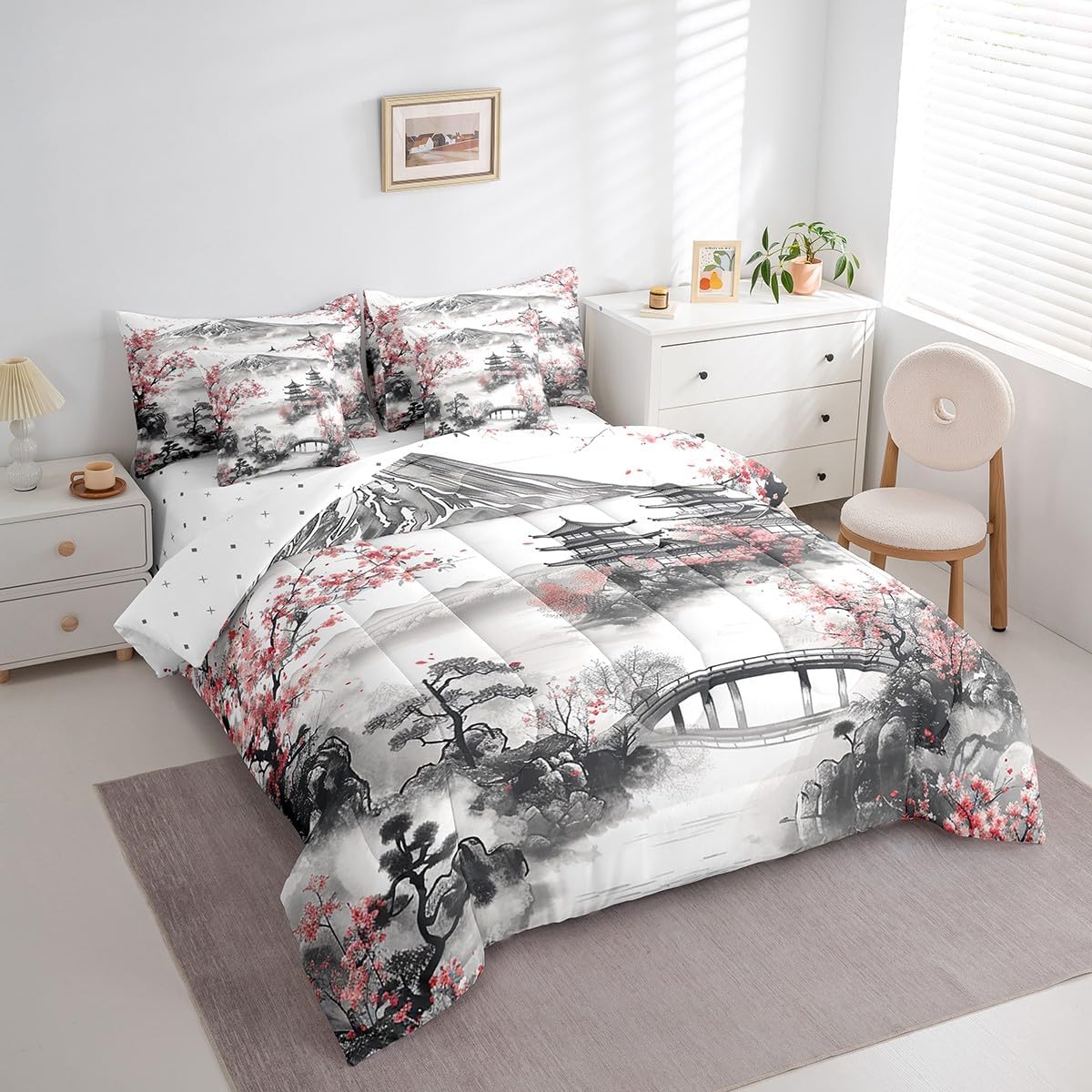 Erosebridal Japanese Comforter Set 7 Pieces Bed in A Bag Full Size, Cherry Blossoms Comforter Sakura Mount Fuji Sheet Set for Kids Girl, Vintage Ink Painting Bedding Sets for All Seasons, Reversible