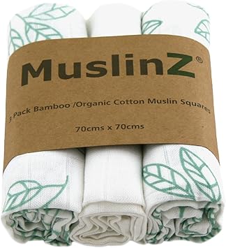 Muslinz Nursery,Bedding,Blankets & Swaddlers,Swaddles MuslinZ 3PK Bamboo/Organic Cotton Muslin Squares 70x70cm Aqua Leaf/White