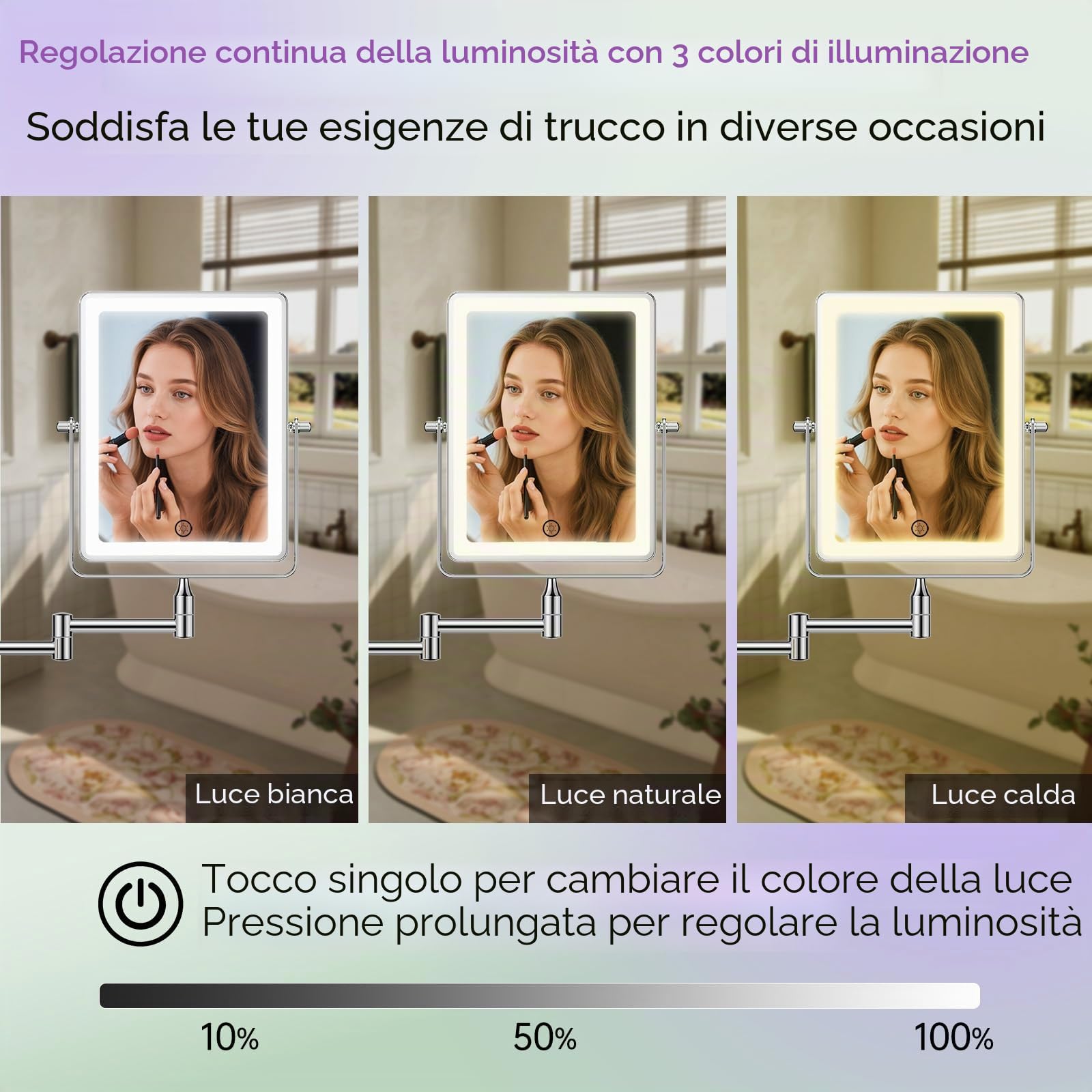 FASCINATE Specchio cosmetico ricaricabile con ingrandimento 1X/10X, 3 luci dimmerabili, touch screen, girevole 360°, montaggio a parete, specchio per il trucco