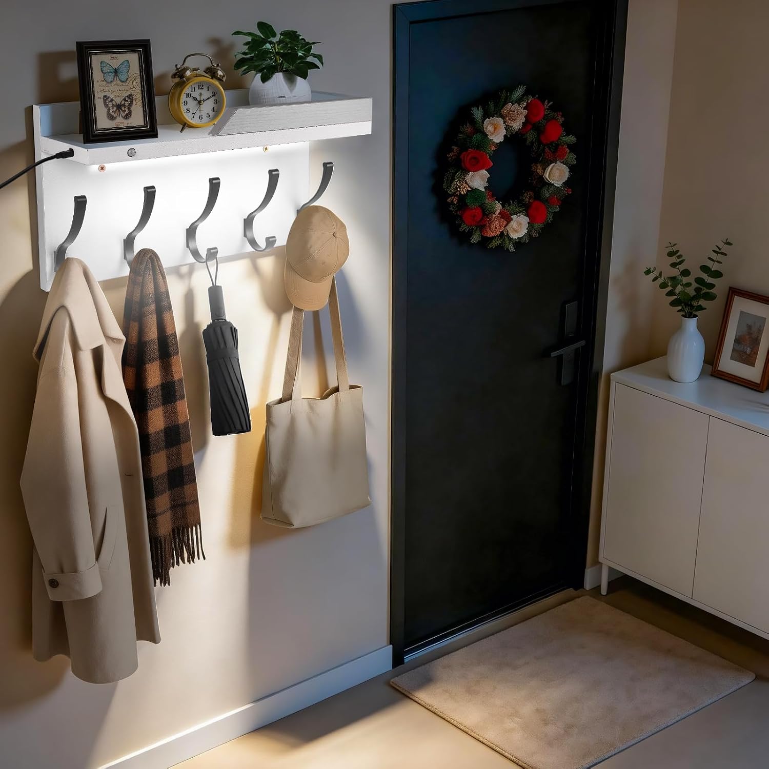 Human Body Motion Sensor Lights Indoor Coat Rack Holder Wall Mount with Shelf,Entryway Hanging Shelves with 5 Hooks Motion LED for Clothes Hats