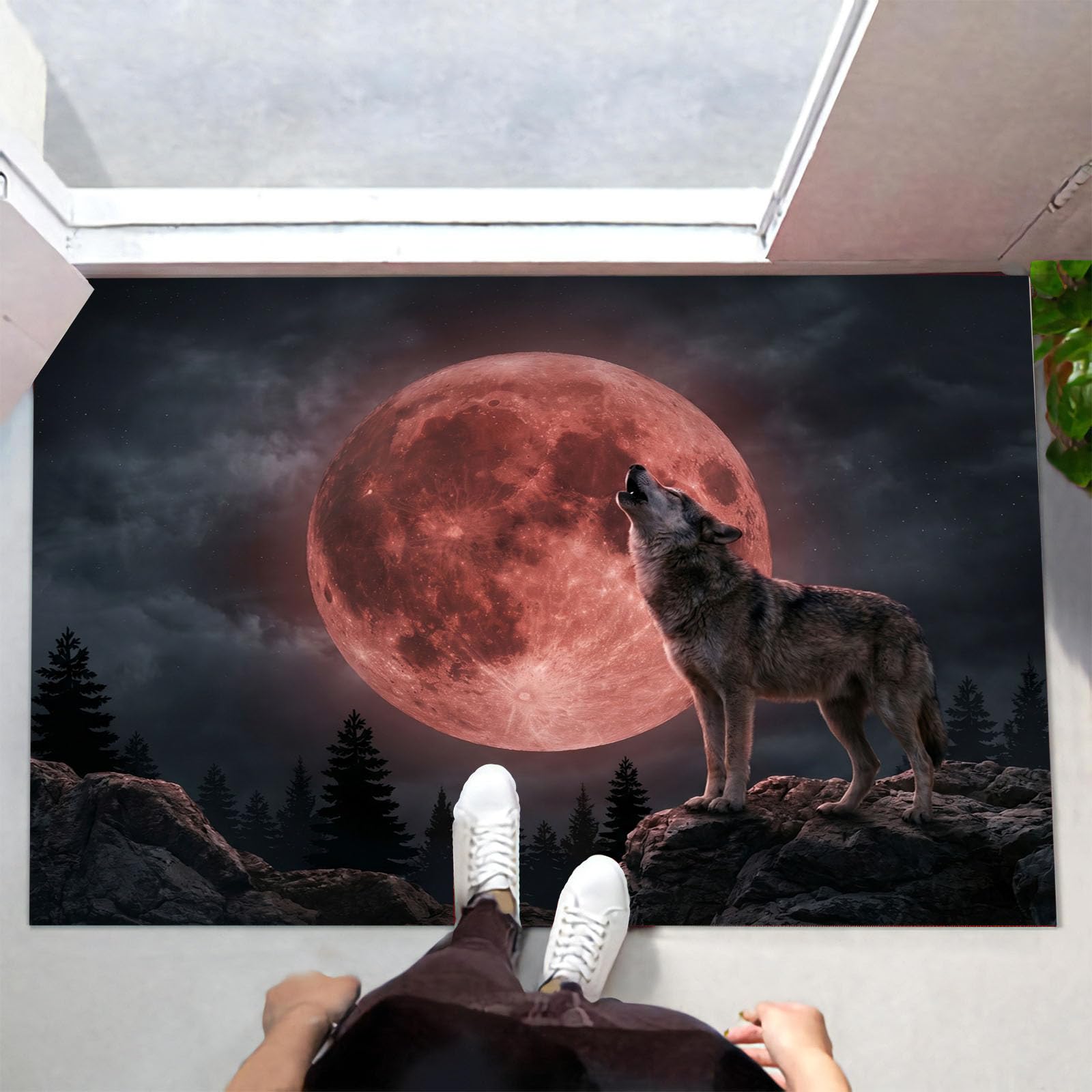 Zerbino Ingresso Interno Cielo Notturno Gotico Luna Sangue, Zerbino Di Benvenuto Lavabile Morbida Lupo Selvatico Animale, Antiscivolo Tappeto Da Decorazioni Antracite Per Casa Porta, 60X90Cm