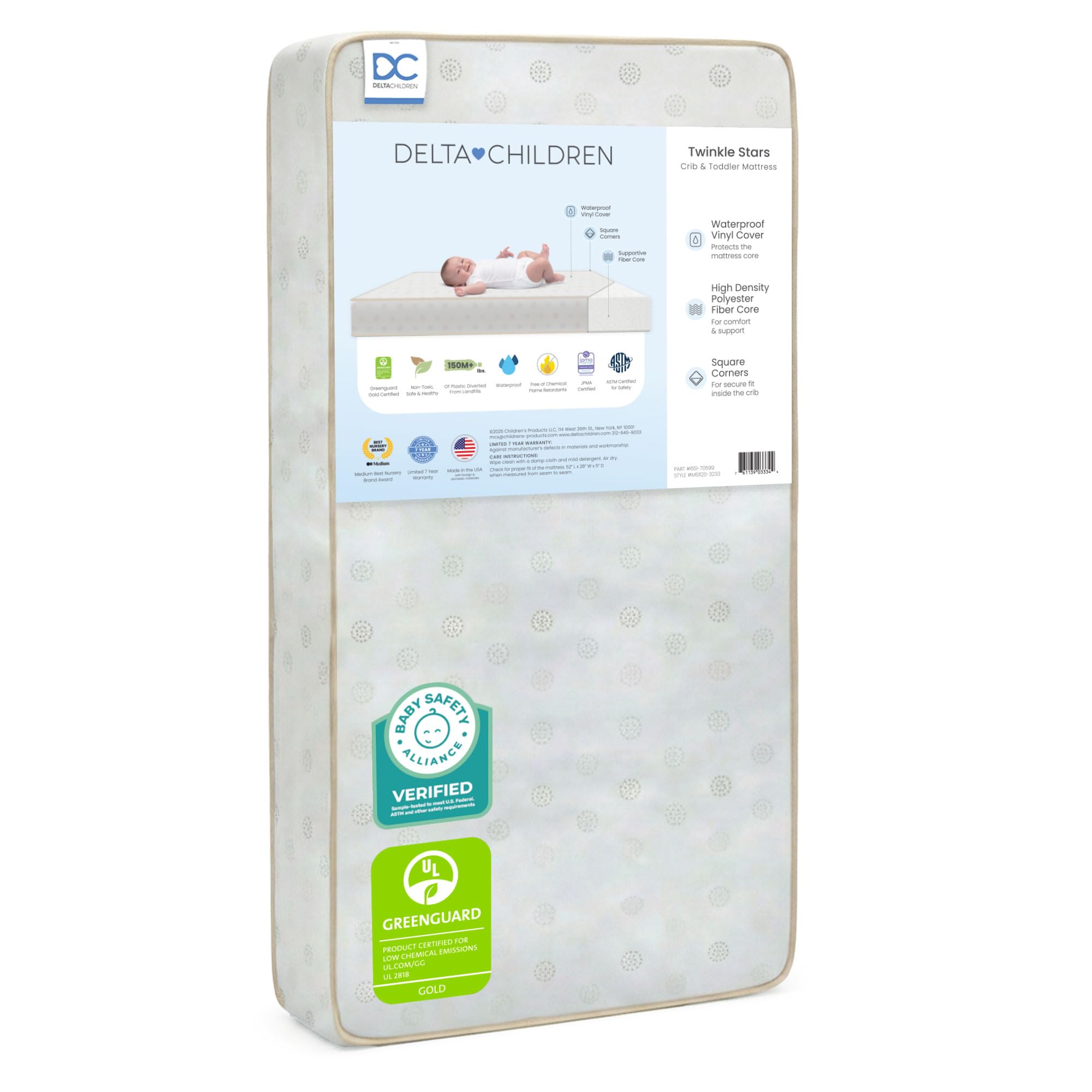 Delta Children Twinkle Stars Dual Sided - 6" Premium Sustainably Sourced Fiber Core Crib and Toddler Mattress - Waterproof - GREENGUARD Gold Certified - 7 Year Warranty - Made in USA