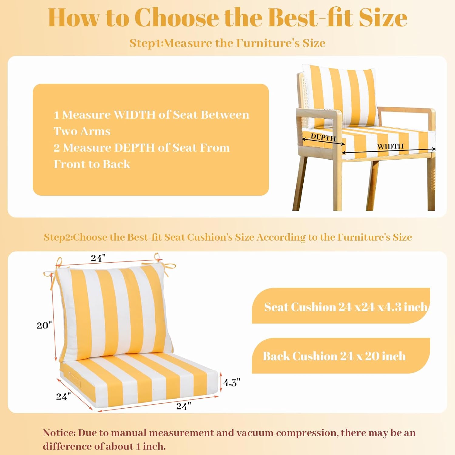 Outdoor Deep Seat Cushions Set 4.3 in, Fade Resistant, Waterproof Patio Chair Cushion with Backrest for Glider Rocker Loveseat Sofa (2, Yellow and White)