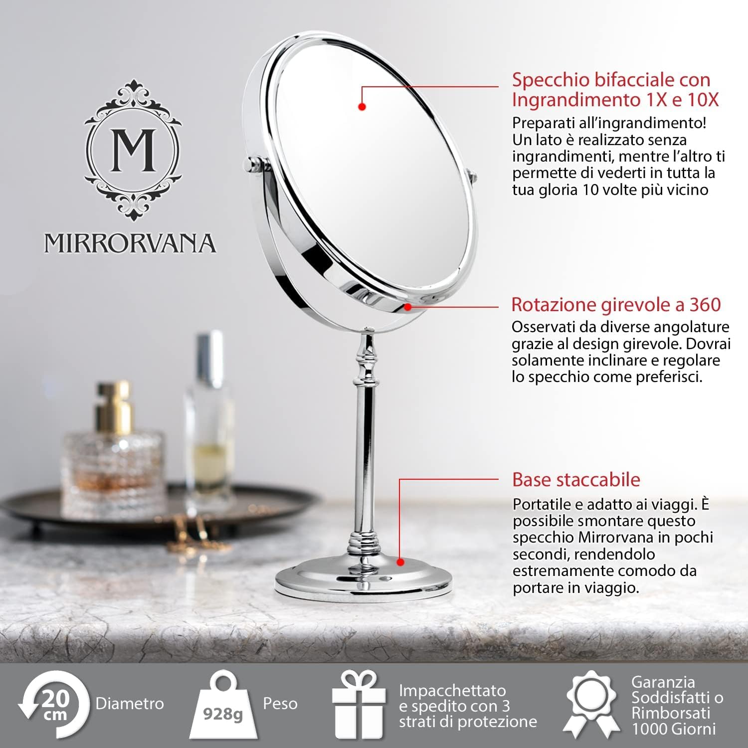 Mirrorvana Specchio da tavolo ingranditore 10X e 1X - specchietto telescopico da bagno per trucco e make up, specchio da appoggio 20 cm (cromato)