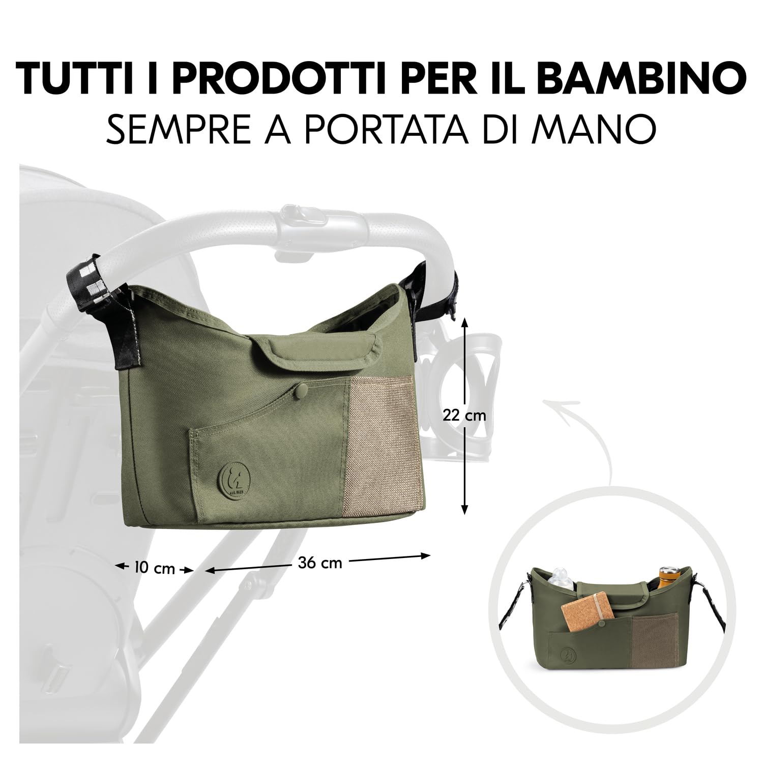 hauck Borsa Passeggino e Carrozzina, Verde Oliva - 35 x 10 x 22 cm - Borsone Portaoggetti con Portabibite di Facile Presa e Tasca in Rete - Chiusura a Strappo per Fissaggio al Manubrio