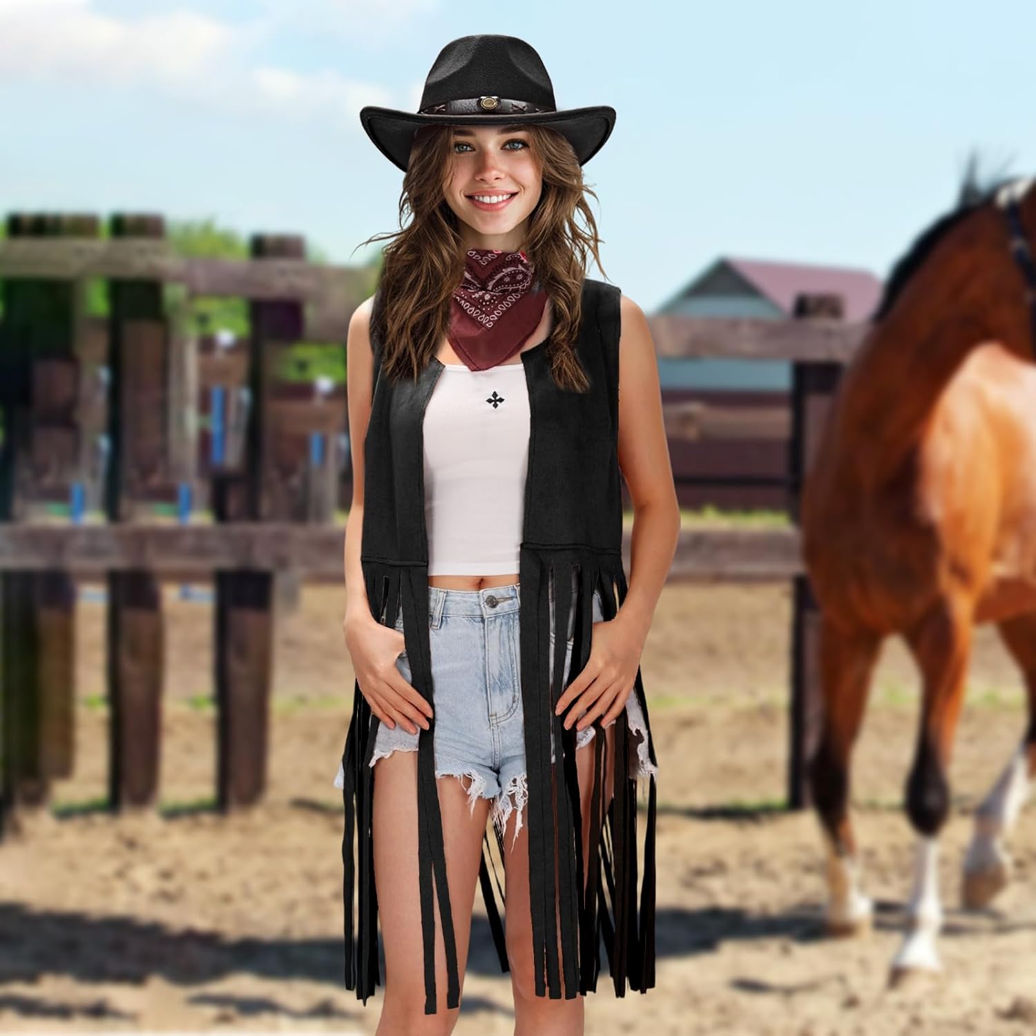 Ultrafun Western Outfit for Women Cowgirl Tassel Sleeveless Vest Cowboy Hat Paisley Bandana Halloween Costumes - Image 6