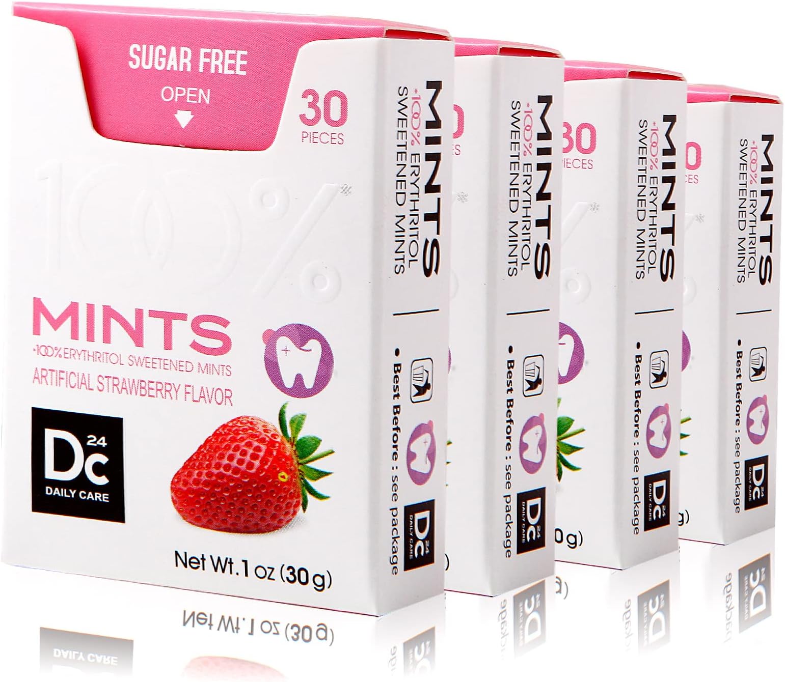DC24 DAILY CARE, Sugar Free Mint Tablets, 30 Capsules x 4 Pack, Formulated with Erythritol, Gluten Free (Strawberry)