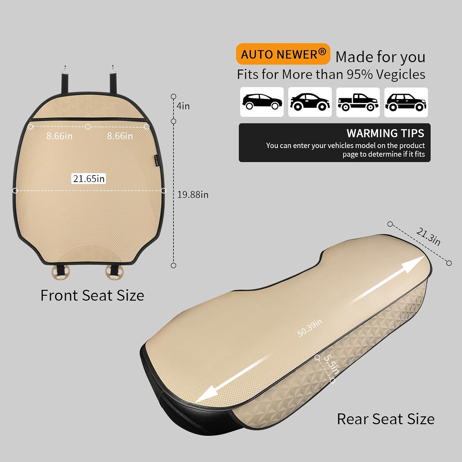 Auto Newer Leather Car Seat Cover,Breathable Bottom Car Seat Protector,All-Season Comfort, Easy Clean，Airbag Compatible,Non-Slip Fit for Most Cars, Suitable for Seat Ventilation Heating（Beige，2PCS）