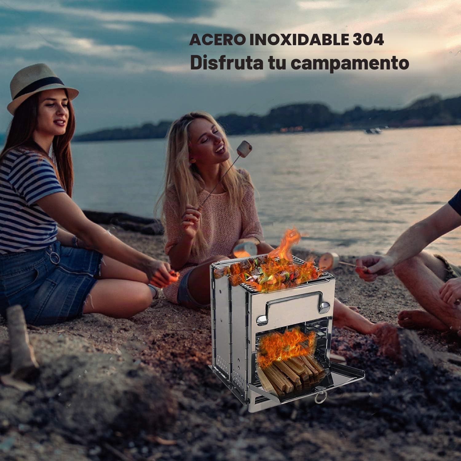 REDCAMP Estufa de leña grande, acero inoxidable, compacta y portátil, plegable, ideal para mochileros, senderismo, viajes, cocina al aire libre y picnic