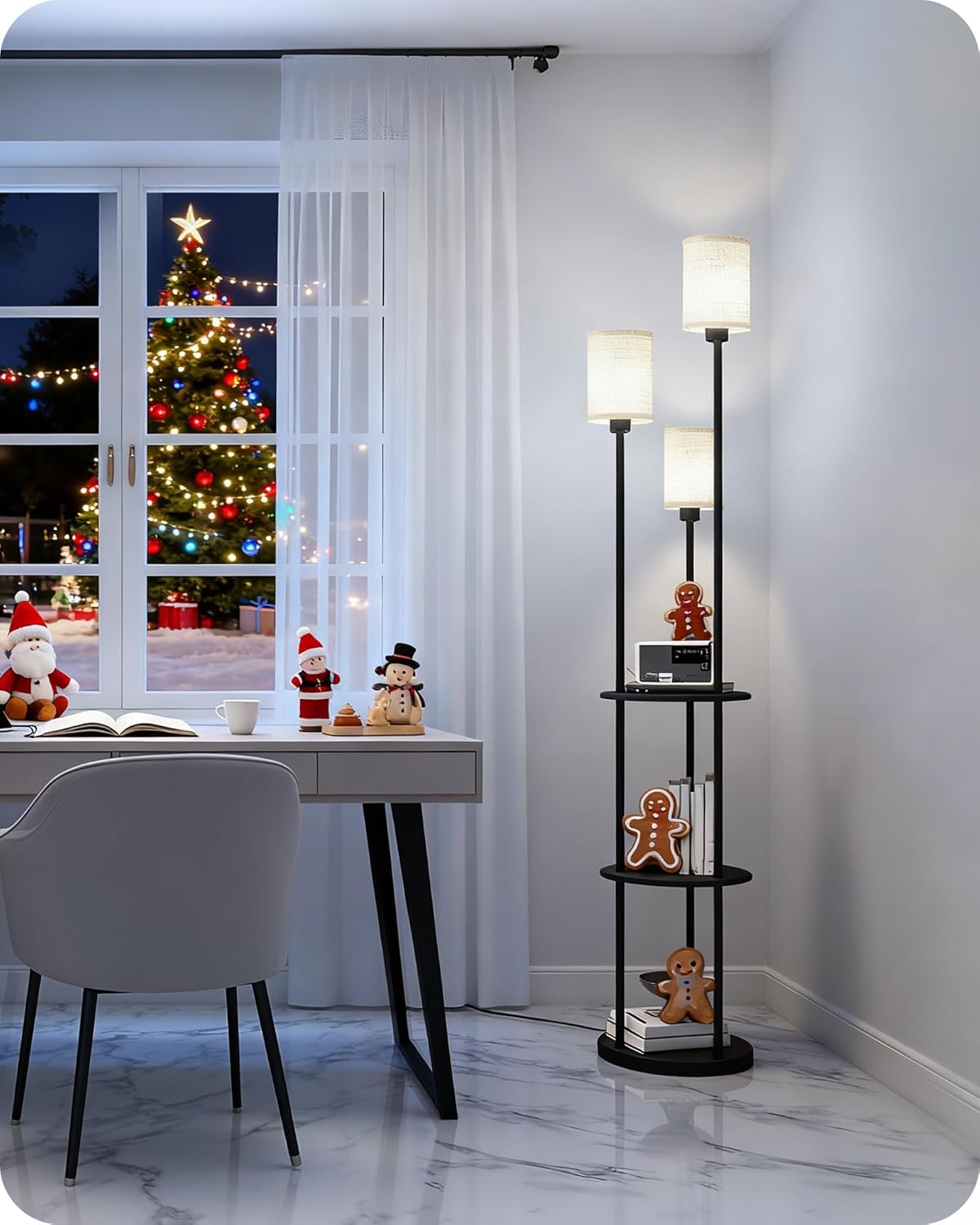 Floor Lamp with Shelves, Modern Floor Lamp with 3 Linen Shades and Foot Switch, 3-Light Standing Lamp, for Living Room, Bedroom, Study, Office, Black and Beige E53LD05