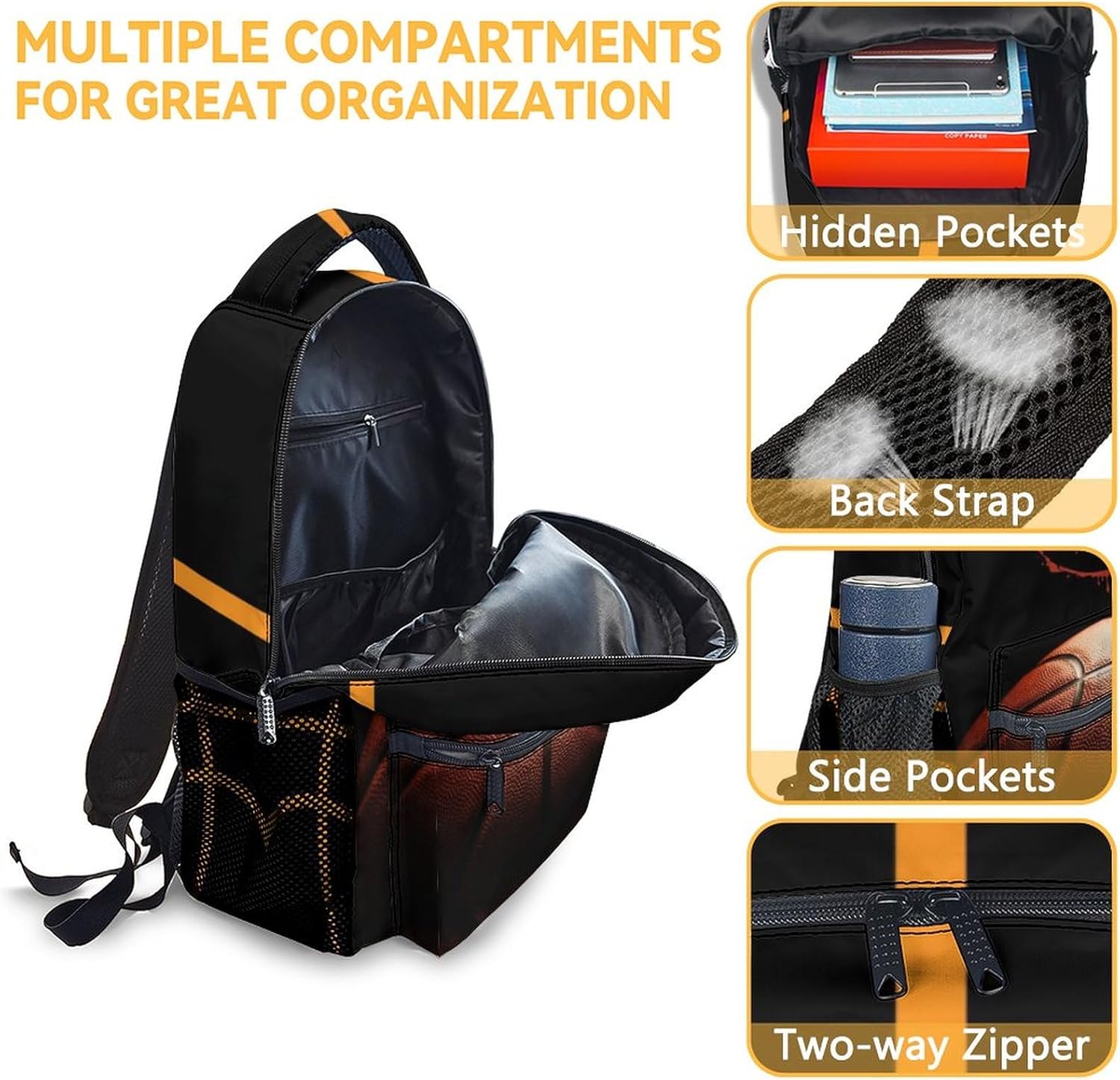 Basketball School Backpack for Boys, 16 Inch Black Backpacks for Kids Age 10-12, Cool Lightweight Bookbag for Travel