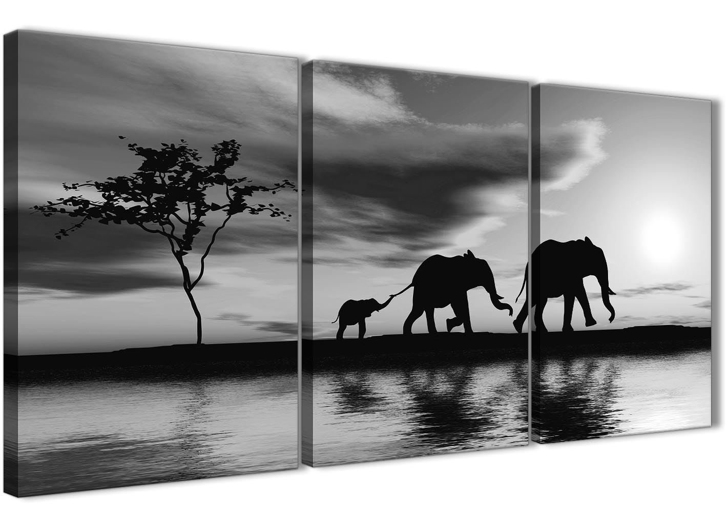 Wallfillers Black White African Sunset Elephants Canvas Wall Art Print - Multi 3 Part - 125cm Wide - 3363