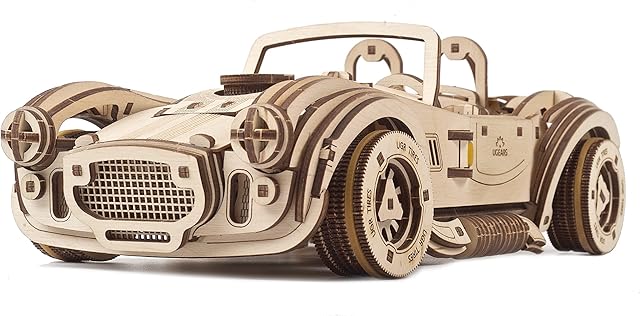 UGEARS Vintage Car 3D Puzzle - Drift Cobra Racing Car 3D Puzzles Model Car Kit with Powerful Spring Motor - Car Model Kits for Adults to Build - Mechanical 3D Wooden Puzzles for Adults and Kids