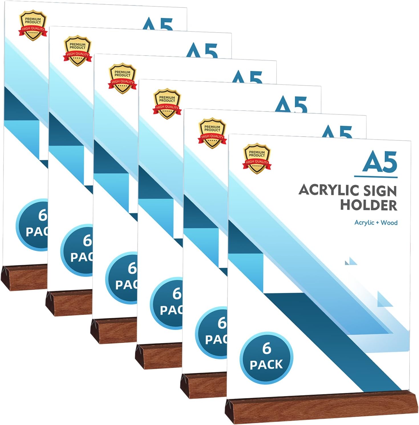 – A5 Acrylic Sign Holder,(6 Pack) T-Shape Wooden Base Poster Menu Holder,Plastic Display Stands Double Sided for Tables