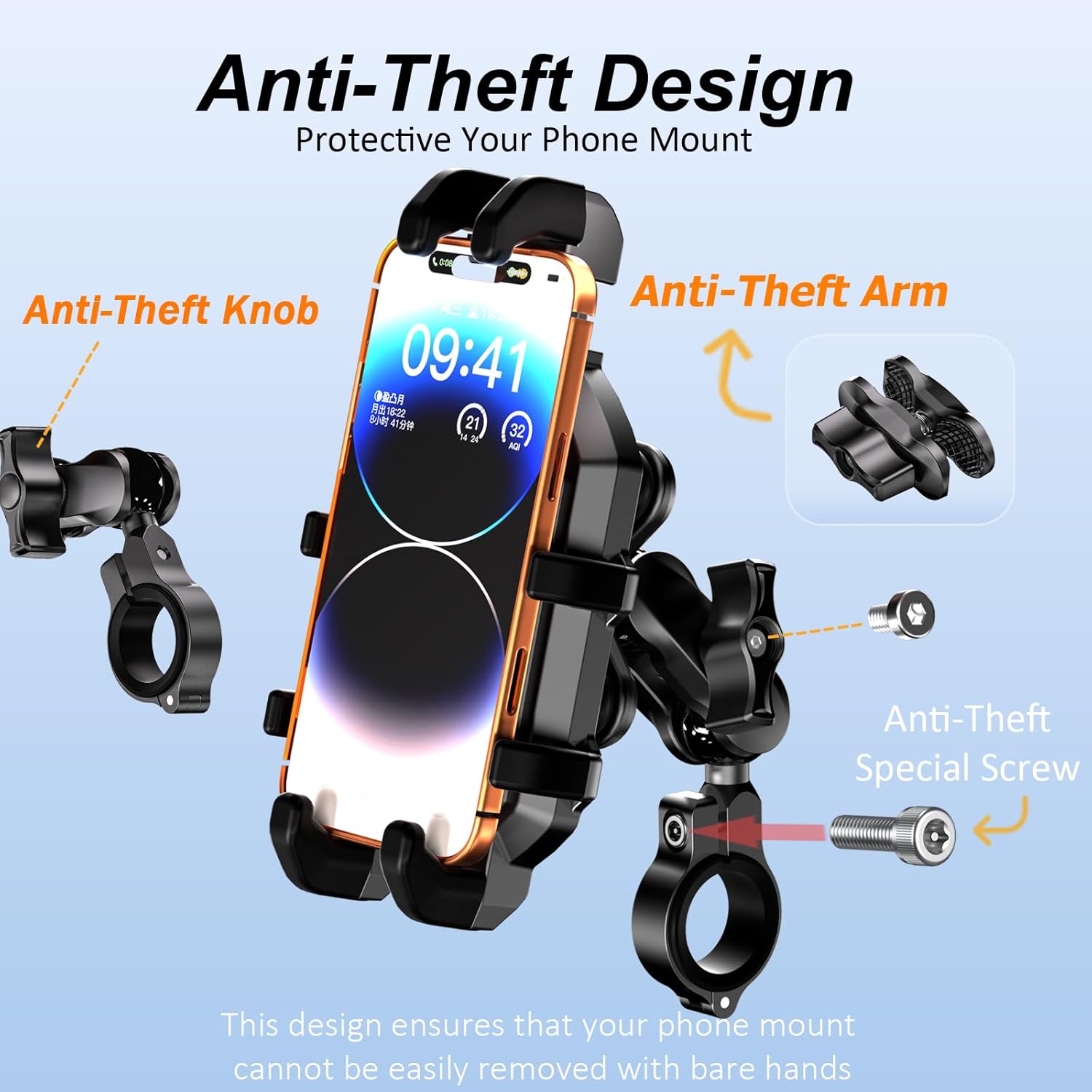 Anti-Theft Motorcycle Phone Mount with Vibration Dampener [Metal Adjustment Arm] Aluminum Alloy Mounting Base, Anti-Shake Motorcycle Cellphone Holder for ATV Scooter for 5.4"-6.9" Phones