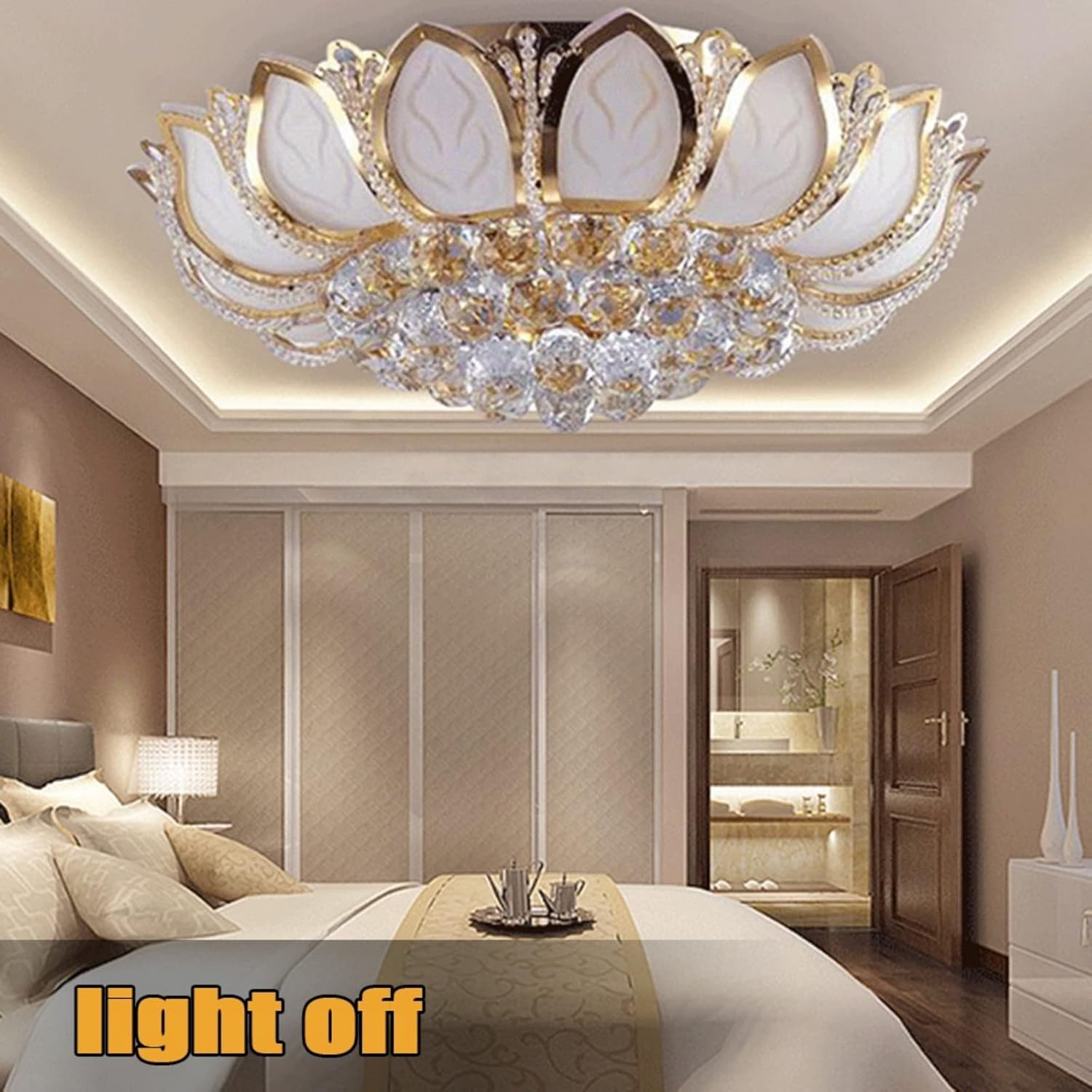 Modern Lotus Crystal, 7-Head Pendant Light Flush Mount Chandelier with Remote LED Ceiling Lamp K9 Crystal Chandelier Pendant Lotus Light Fixture for Living Room, Bedroom, Dining Room