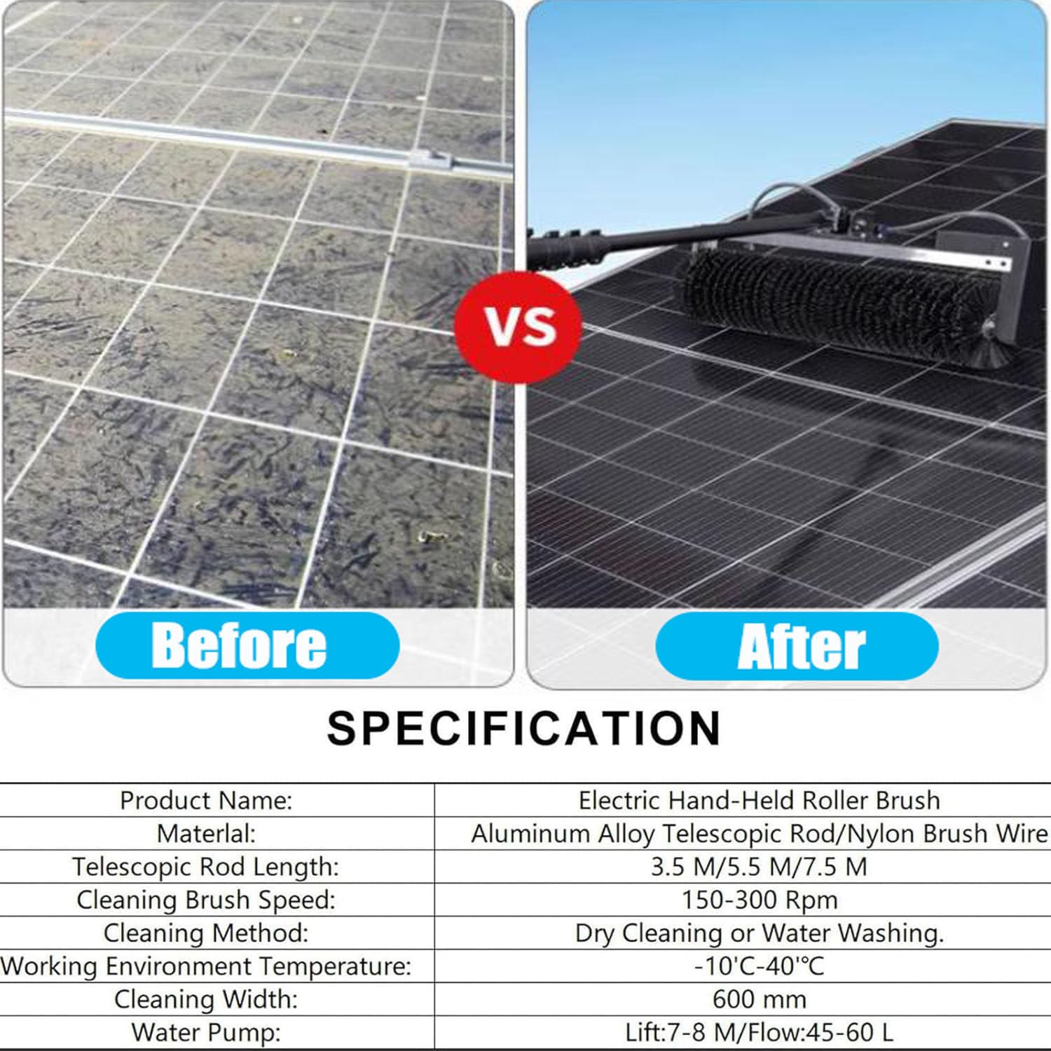 Cepillo automático para panel solar, herramienta eléctrica de limpieza fotovoltaica, kit de poste telescópico ajustable para limpieza del sistema solar del hogar, batería de litio, 550 cm