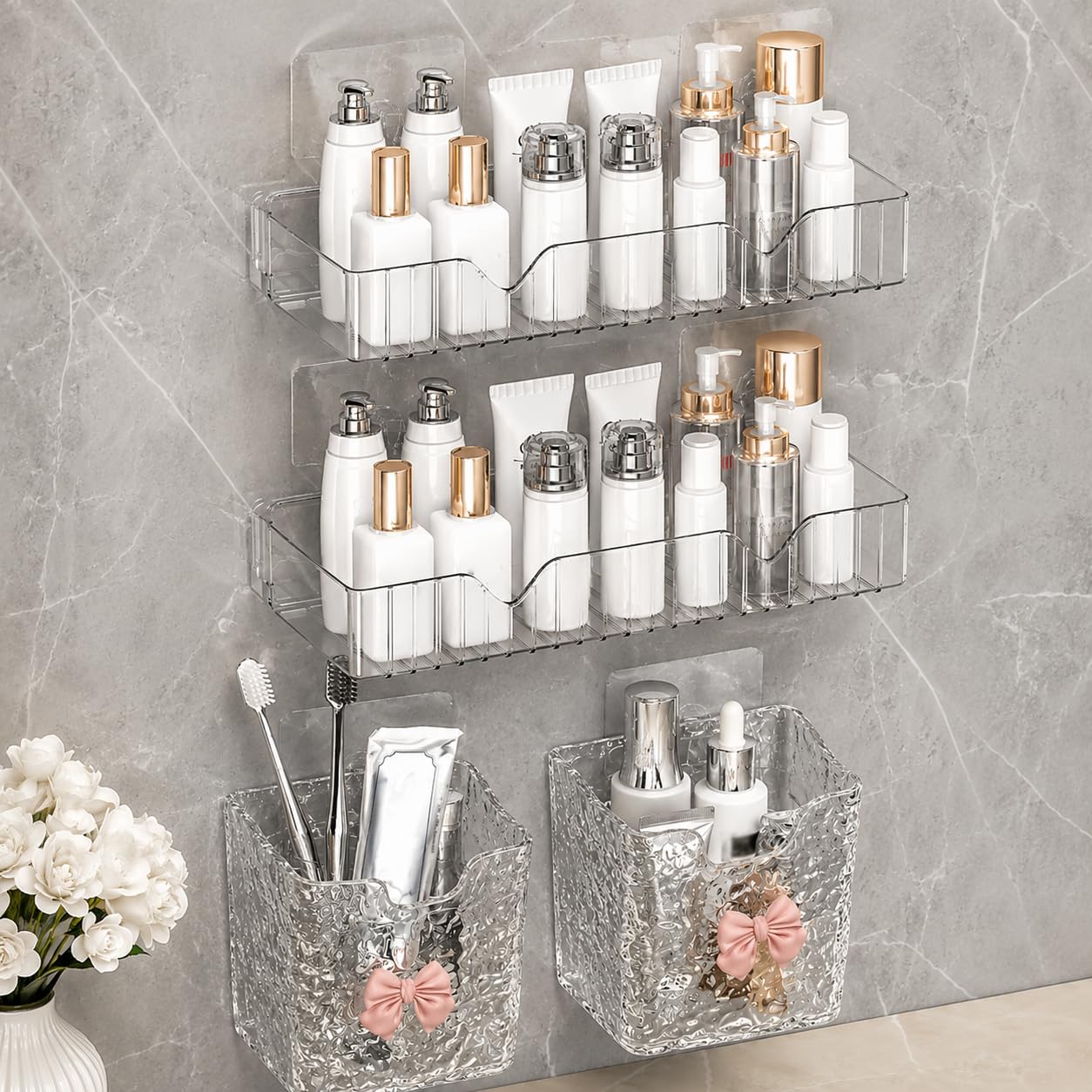 4 Pcs Bathroom Organizer Combo Set | 2 Wall Mounted Acrylic Bathroom Shelves + 2 Self Adhesive Storage Baskets | No Drill Bathroom Rack for Shampoo, Cosmetics, Tissue & Toiletries | Transparent-image-41