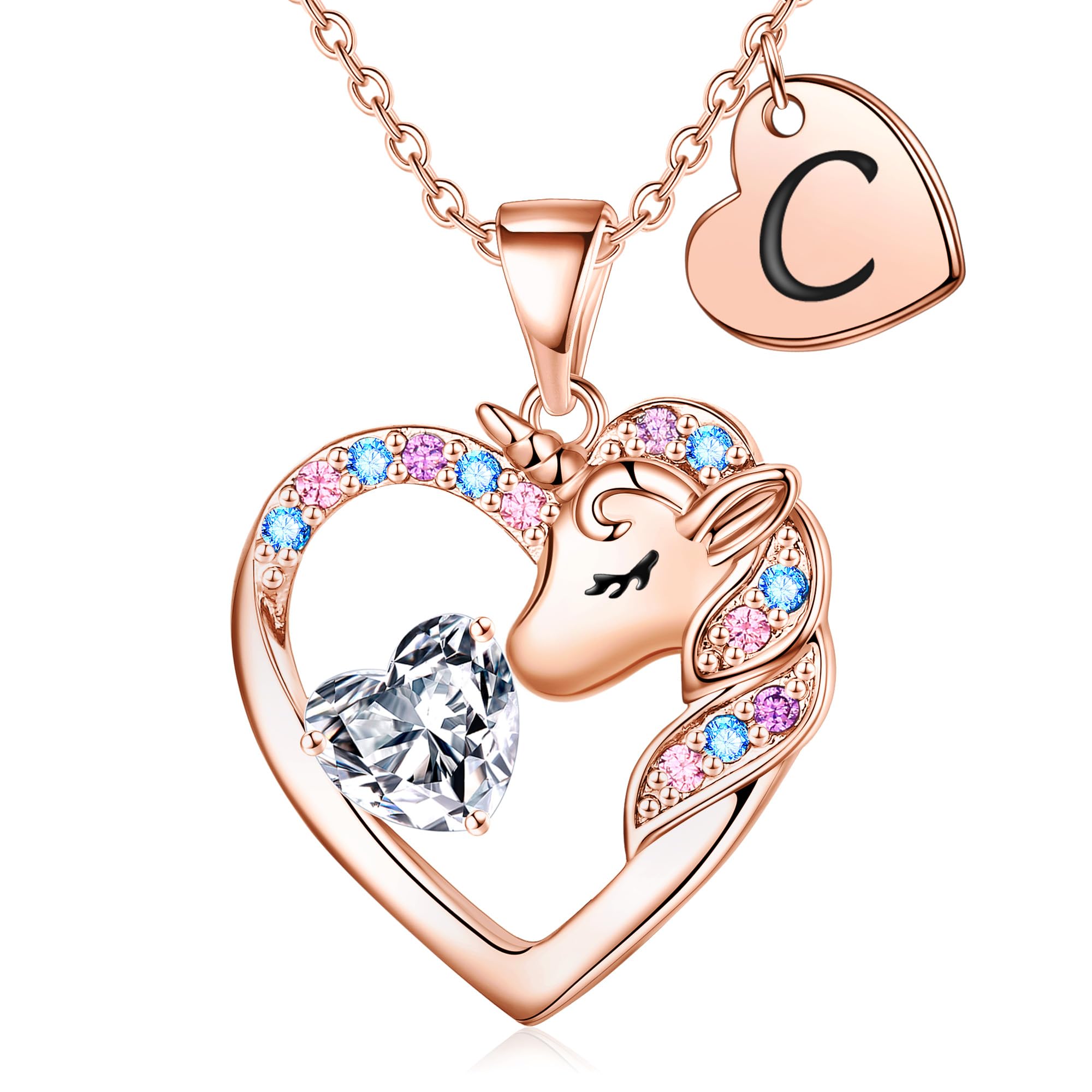 TINGN Einhorn Kette für Mädchen - Geschenk mit Buchstaben C Herzkette Halskette für 8-12 Jahre