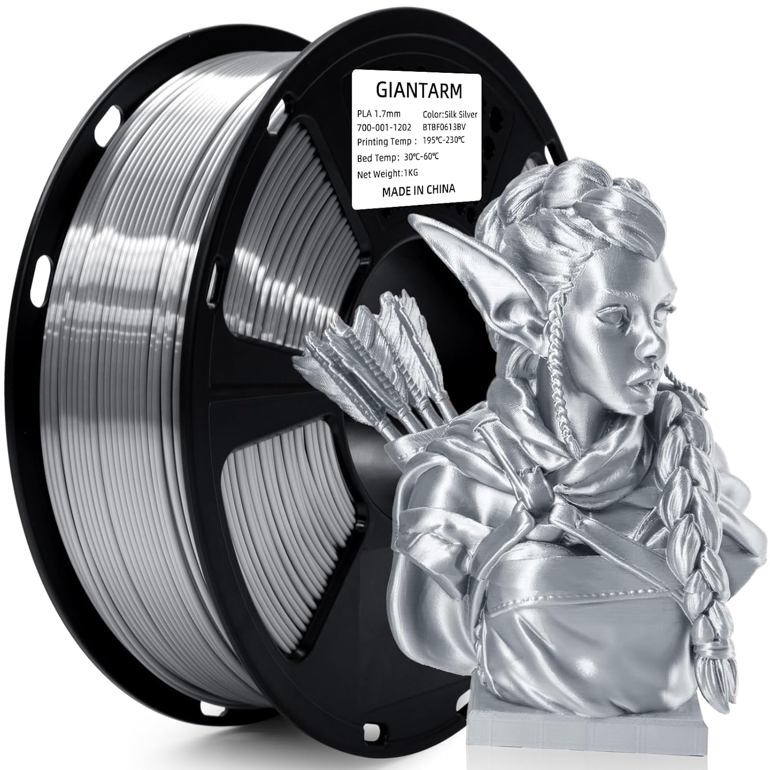 GIANTARM PLA Silk Silver Filament 1.75mm,Dimensional Accuracy +/- 0.03mm,3D Printer PLA Silver Filament 1kg Spool