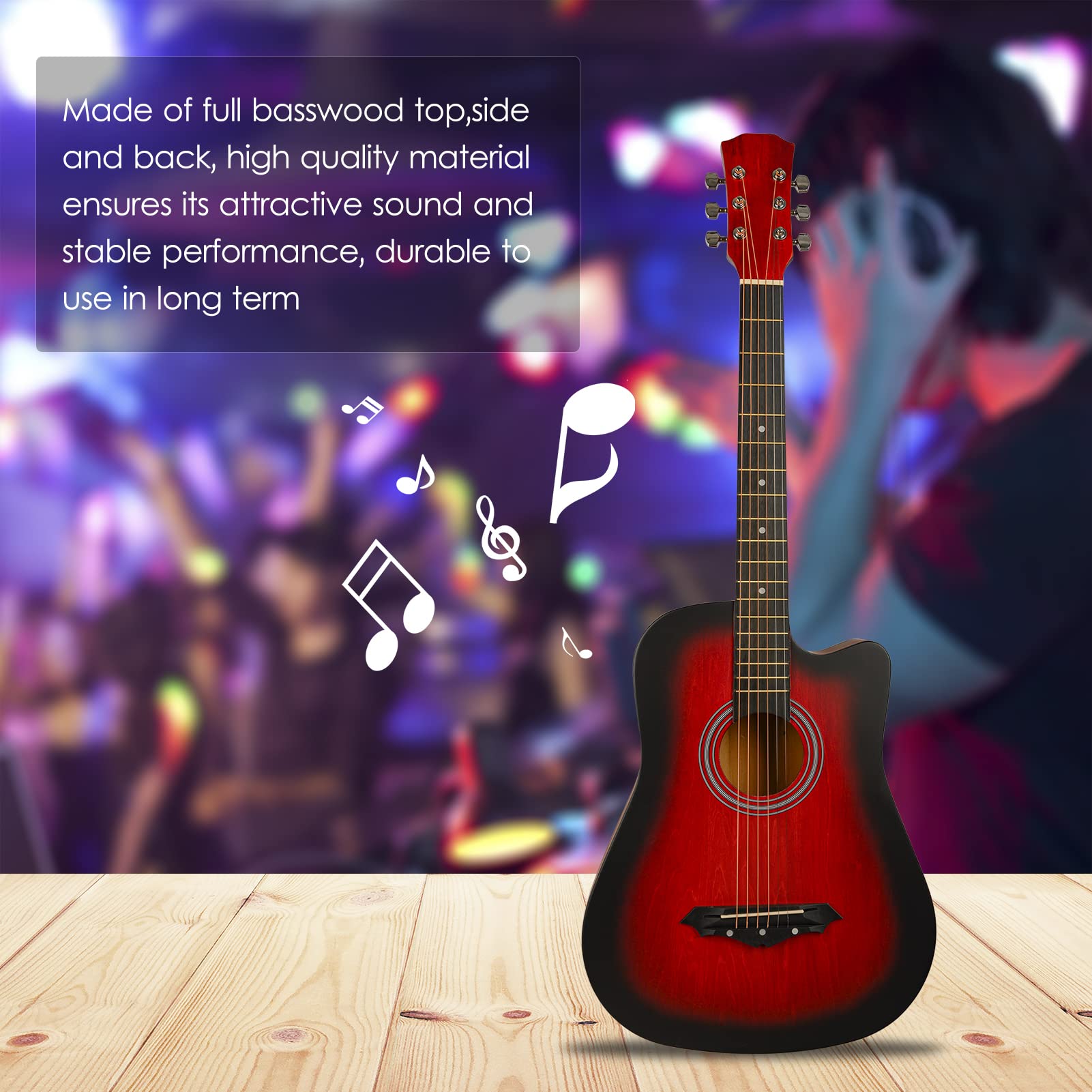 Gitara akustyczna, HUIOP gitara akustyczna w przekroju gitara ludowa 38 cali, ręcznie tarte drewno lipowe z celuloidowym podkładem, uchwyt na kostkę, deska ochronna, pasek, tuner, kapodastra
