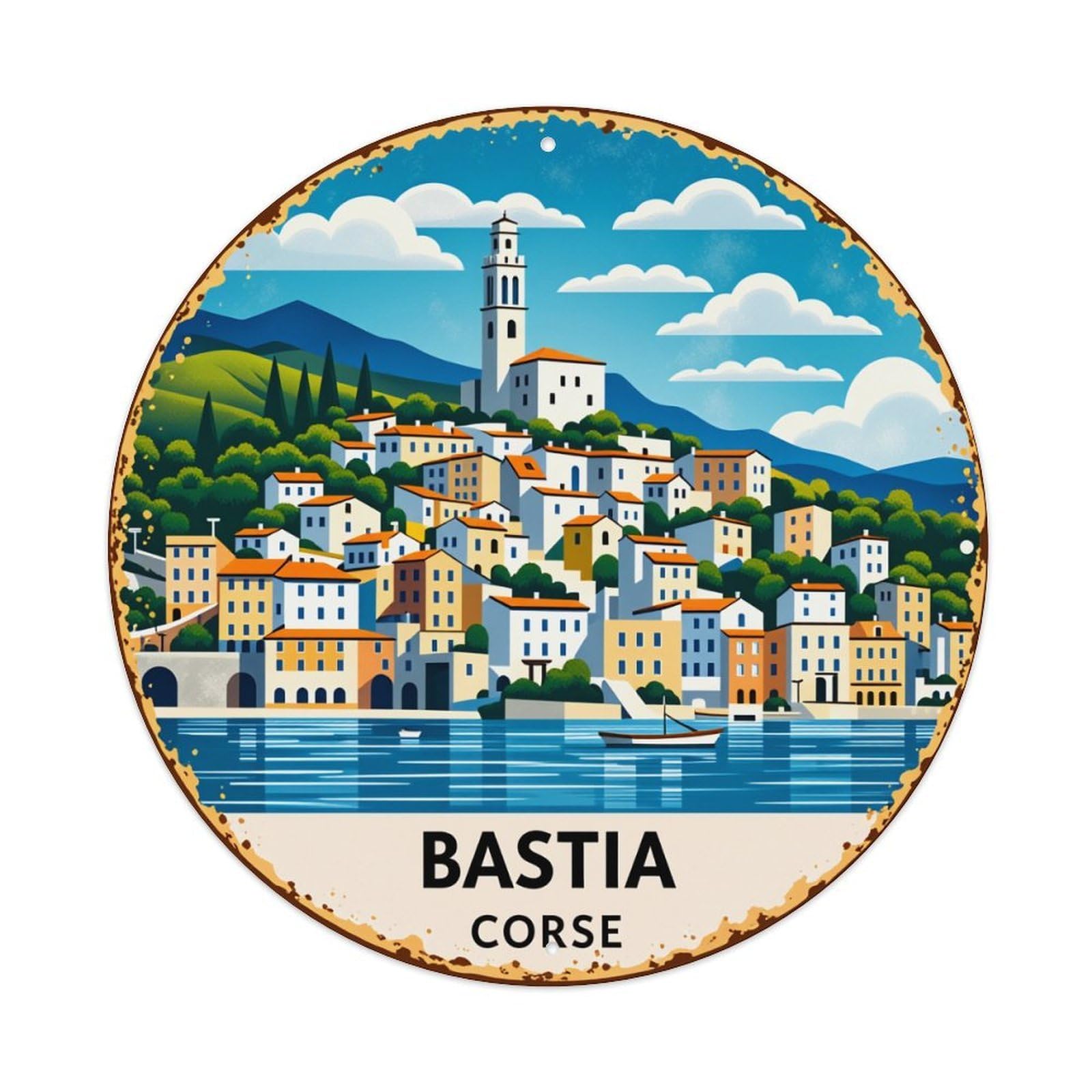 Bastia Corse Coastal Town Scene Round Tin Sign Vintage Style Metal Sign Home Bar Garden Wall Plaque Decor Metal Poster 8x8 Inch