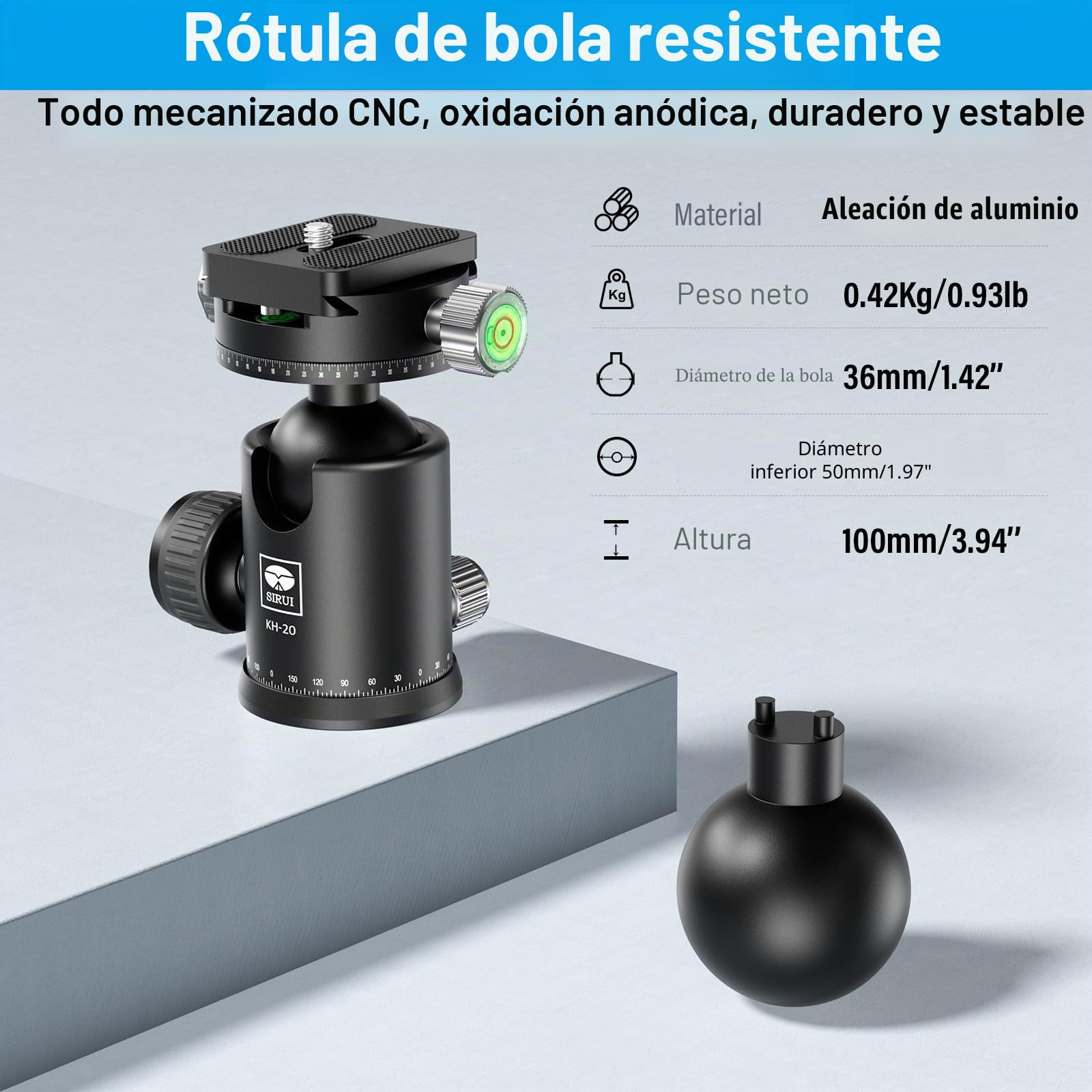 SIRUI Rótula de Bola para Trípode para Cámara, Doble Cabezal Panorámico de 360° con Bola de Metal de 36mm y Placa de Liberación Rápida de 1/4" para Cámara de Video, Carga Máxima 20kg - KH-20
