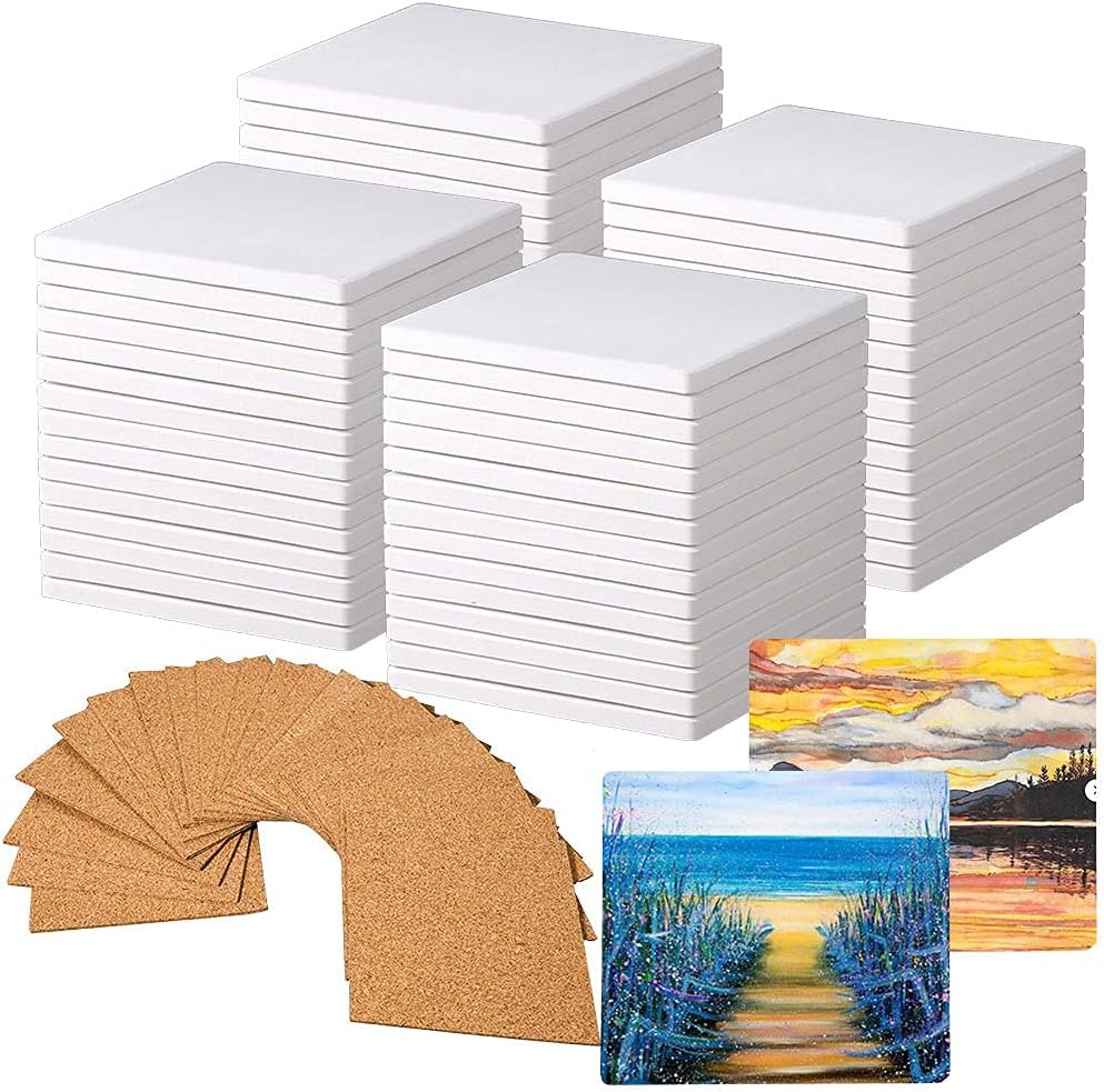 60 PCS Square Unglazed Ceramic Tiles for Crafts Coasters with 60 PCS 2mm Self Adhesive Cork Squares,White Tiles 4x4 for Crafts Ceramic