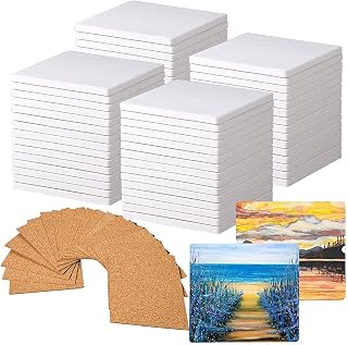 60 PCS Square Unglazed Ceramic Tiles for Crafts Coasters with 60 PCS 2mm Self Adhesive Cork Squares,White Tiles 4x4 for Crafts Ceramic