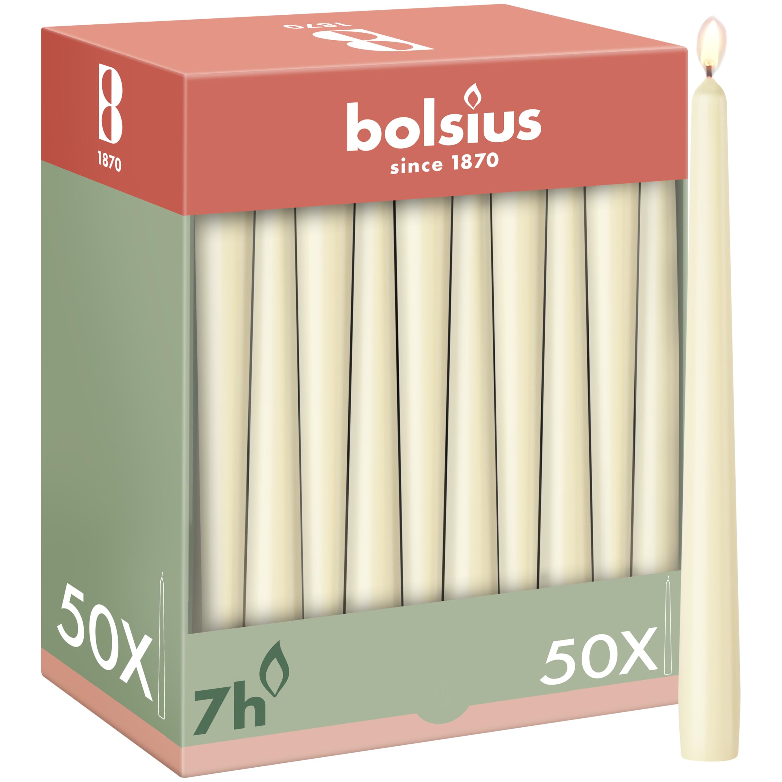 Bolsius Smooth Taper Candles - Ivory - Pack of 50-24.5 cm - Decorative Household Candles - Burn Time 7 Hours - Unscented - Contains Natural Plant Wax - No Palm Oil
