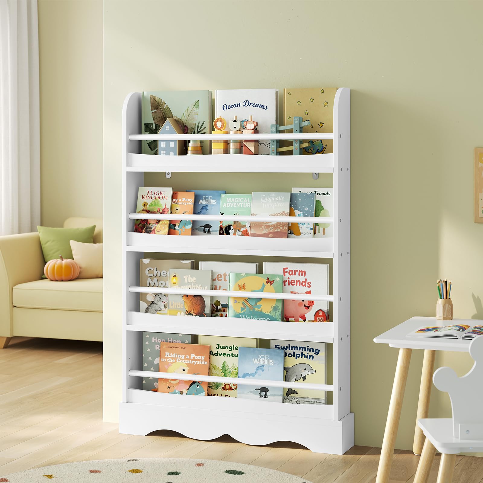 WOLTU Libreria Montessoriana per Bambini, Scaffale Porta Libri Salvaspazio a 4 Ripiani, Piccola Libreria a Muro in Legno, per Cameretta, Stanza dei Giochi, 80x12x118cm
